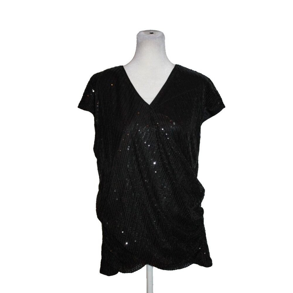 Grace Karin Top Womens Size Large L Black Sequin Cap V-Neck Lined Shirt NEW